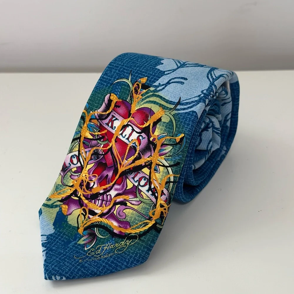 Ed Hardy by Christian Audigier Blue Skull Tattoo Graphic Neck Tie 57